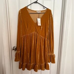 Velvet Ruffle Long-Sleeve Dress in Mustard -